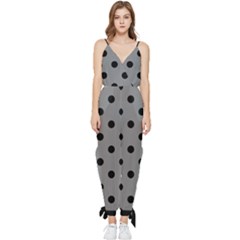 Large Black Polka Dots On Battleship Grey - Sleeveless Tie Ankle Jumpsuit