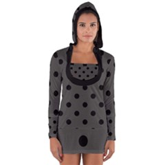 Large Black Polka Dots On Beluga Grey - Long Sleeve Hooded T-shirt by FashionLane