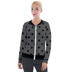 Large Black Polka Dots On Beluga Grey - Velvet Zip Up Jacket by FashionLane