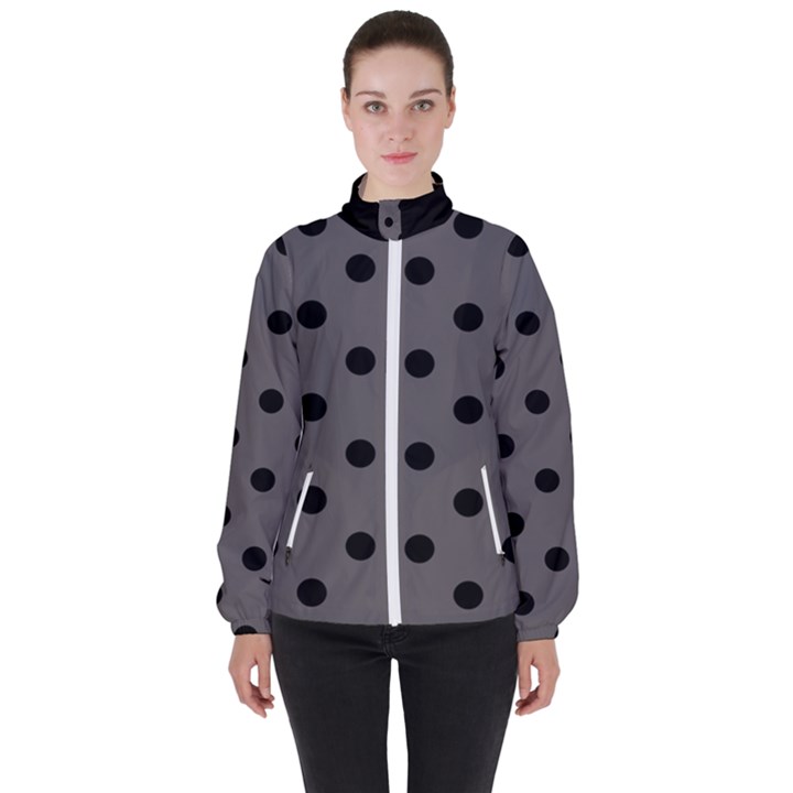 Large Black Polka Dots On Carbon Grey - Women s High Neck Windbreaker