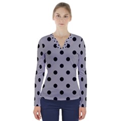 Large Black Polka Dots On Chalice Silver Grey - V-neck Long Sleeve Top by FashionLane