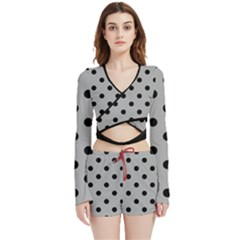 Large Black Polka Dots On Chalice Silver Grey - Velvet Wrap Crop Top And Shorts Set