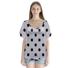 Large Black Polka Dots On Cloudy Grey - V-neck Flutter Sleeve Top by FashionLane