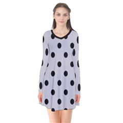 Large Black Polka Dots On Cloudy Grey - Long Sleeve V-neck Flare Dress by FashionLane