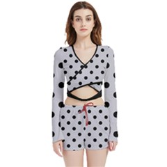 Large Black Polka Dots On Cloudy Grey - Velvet Wrap Crop Top And Shorts Set