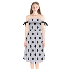 Large Black Polka Dots On Cloudy Grey - Shoulder Tie Bardot Midi Dress by FashionLane