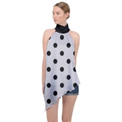 Large Black Polka Dots On Cloudy Grey - Halter Asymmetric Satin Top by FashionLane