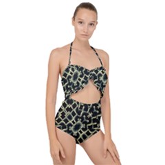 Dark Interlace Motif Mosaic Pattern Scallop Top Cut Out Swimsuit