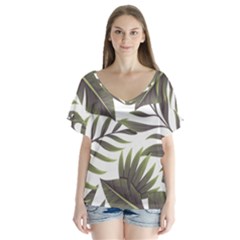 Tropical Leaves V-neck Flutter Sleeve Top by goljakoff