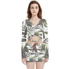 Tropical Leaves Velvet Wrap Crop Top And Shorts Set