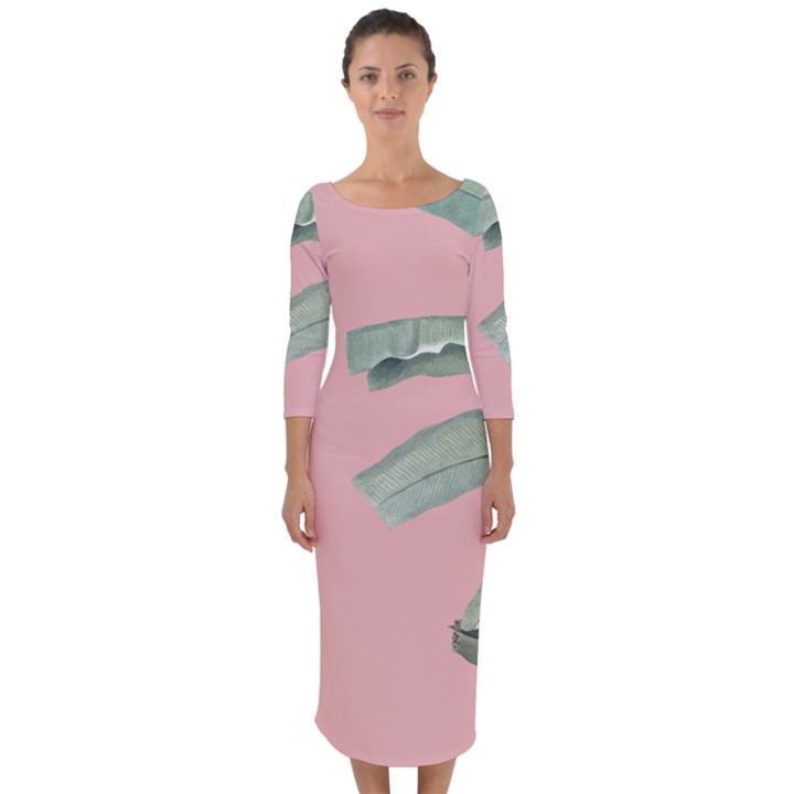 Palm leaf on pink Quarter Sleeve Midi Bodycon Dress