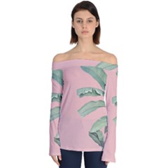 Palm Leaf On Pink Off Shoulder Long Sleeve Top by goljakoff