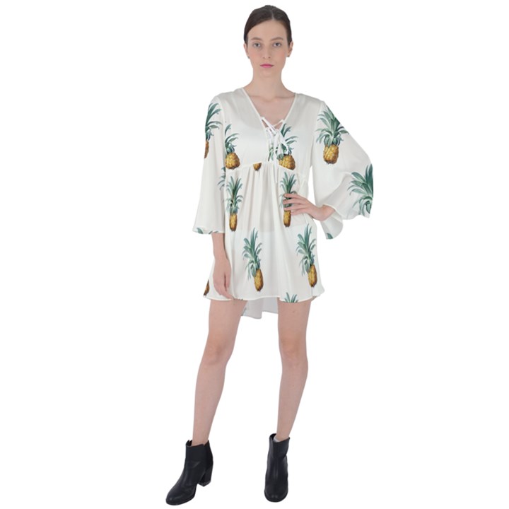 Tropical pineapples V-Neck Flare Sleeve Mini Dress