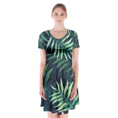 Green Leaves Short Sleeve V-neck Flare Dress by goljakoff