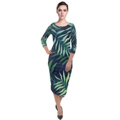 Green Leaves Quarter Sleeve Midi Velour Bodycon Dress by goljakoff