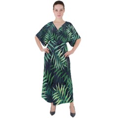 Green Leaves V-neck Boho Style Maxi Dress by goljakoff