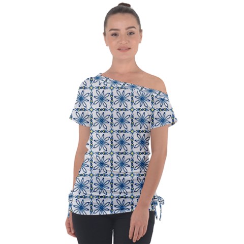 Azulejo Style Blue Tiles Off Shoulder Tie-up Tee by MintanArt