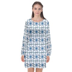 Azulejo Style Blue Tiles Long Sleeve Chiffon Shift Dress  by MintanArt