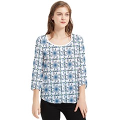 Azulejo Style Blue Tiles Chiffon Quarter Sleeve Blouse by MintanArt