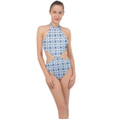 Azulejo Style Blue Tiles Halter Side Cut Swimsuit by MintanArt