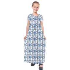 Azulejo Style Blue Tiles Kids  Short Sleeve Maxi Dress by MintanArt