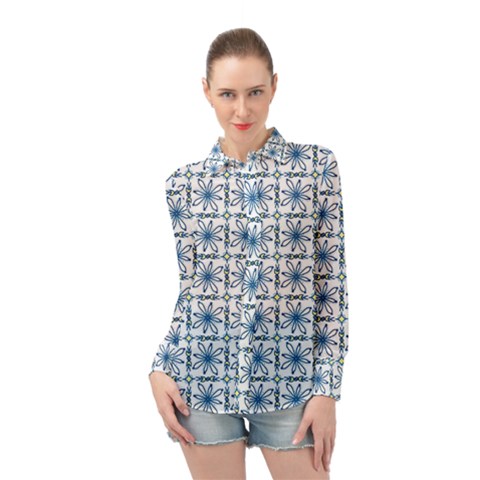 Azulejo Style Blue Tiles Long Sleeve Chiffon Shirt by MintanArt