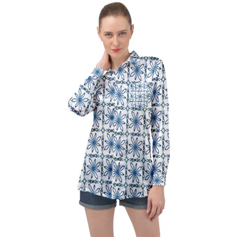 Azulejo Style Blue Tiles Long Sleeve Satin Shirt by MintanArt