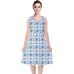 Azulejo Style Blue Tiles V-neck Midi Sleeveless Dress  by MintanArt