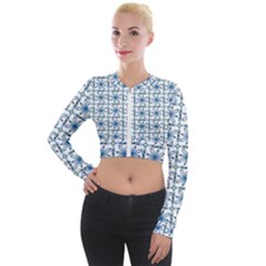 Azulejo Style Blue Tiles Long Sleeve Cropped Velvet Jacket by MintanArt