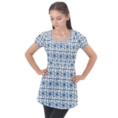 Azulejo Style Blue Tiles Puff Sleeve Tunic Top by MintanArt