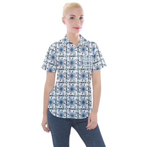 Azulejo Style Blue Tiles Women s Short Sleeve Pocket Shirt by MintanArt