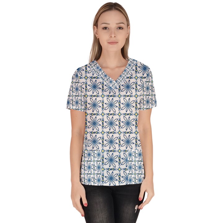 Azulejo style blue tiles Women s V-Neck Scrub Top