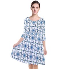 Azulejo Style Blue Tiles Quarter Sleeve Waist Band Dress by MintanArt