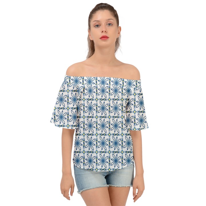 Azulejo style blue tiles Off Shoulder Short Sleeve Top