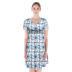 Azulejo Style Blue Tiles Short Sleeve V-neck Flare Dress by MintanArt