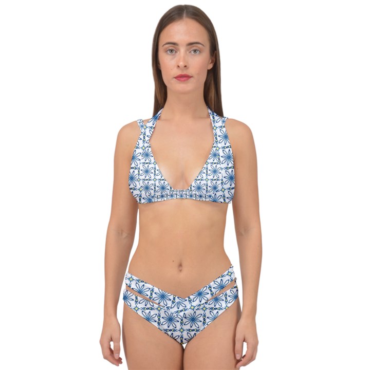 Azulejo style blue tiles Double Strap Halter Bikini Set