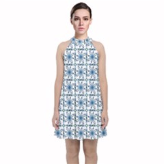 Azulejo Style Blue Tiles Velvet Halter Neckline Dress  by MintanArt