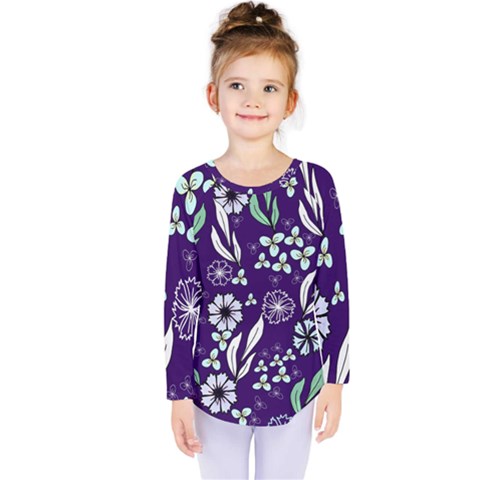 Floral Blue Pattern Kids  Long Sleeve Tee by MintanArt