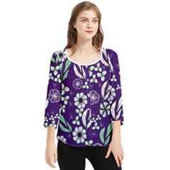 Floral Blue Pattern Chiffon Quarter Sleeve Blouse by MintanArt