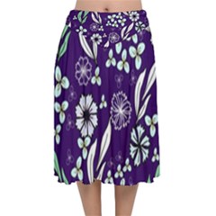 Floral Blue Pattern Velvet Flared Midi Skirt