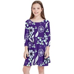 Floral Blue Pattern Kids  Quarter Sleeve Skater Dress by MintanArt