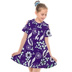 Floral Blue Pattern Kids  Short Sleeve Shirt Dress by MintanArt