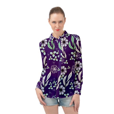 Floral Blue Pattern Long Sleeve Chiffon Shirt by MintanArt