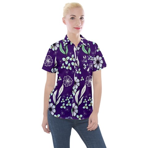 Floral Blue Pattern Women s Short Sleeve Pocket Shirt by MintanArt