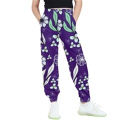 Floral Blue Pattern Kids  Elastic Waist Pants by MintanArt