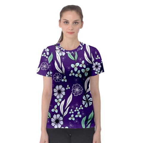 Floral Blue Pattern  Women s Sport Mesh Tee by MintanArt