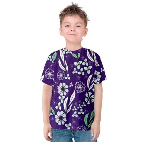 Floral Blue Pattern  Kids  Cotton Tee by MintanArt