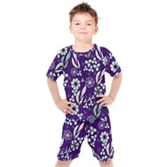 Floral Blue Pattern  Kids  Tee And Shorts Set by MintanArt