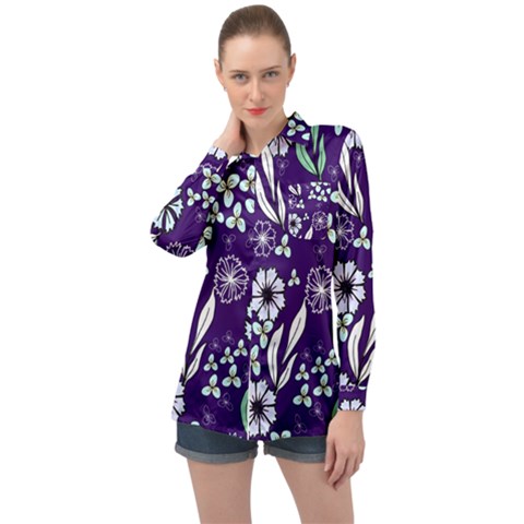 Floral Blue Pattern  Long Sleeve Satin Shirt by MintanArt