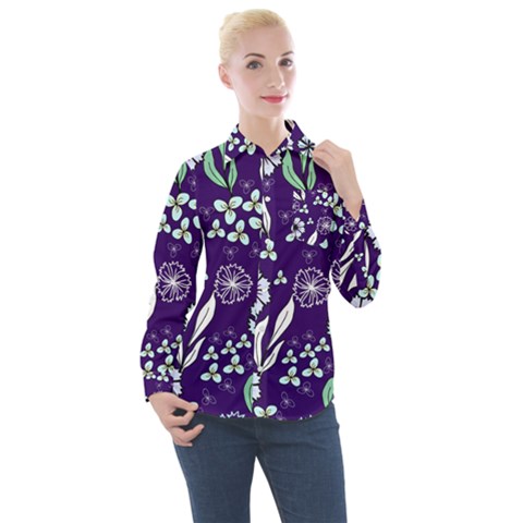 Floral Blue Pattern  Women s Long Sleeve Pocket Shirt by MintanArt